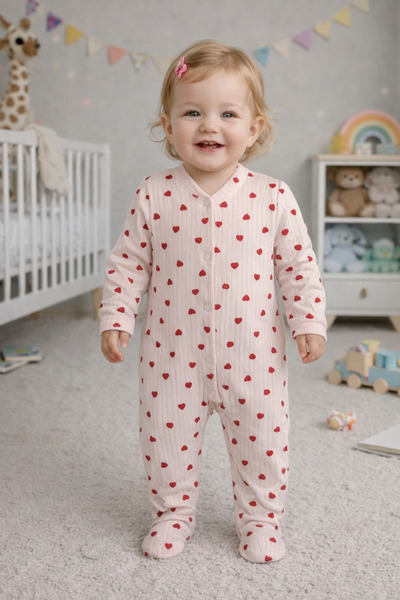 DaphKids Heart Patterned Baby Romper with Booties and Snap Fasteners - Pink