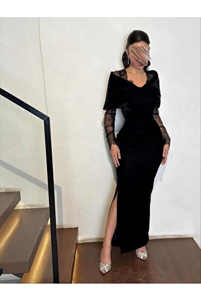 Mazoon Fashion Velvet evening dress decorated with lace