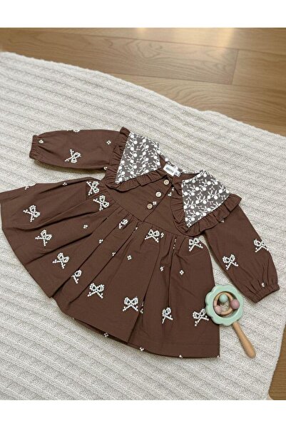 Luna Kids Store فستان بيرلا بياقة مطرزة باللون البني