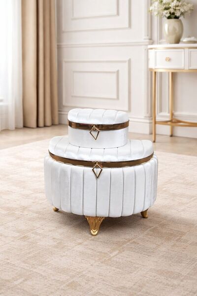 EL-MAR HOME Beyaz Kadife Ayaklı Çeyiz Sandığı - Gold Detaylı Yuvarlak Tasarım...