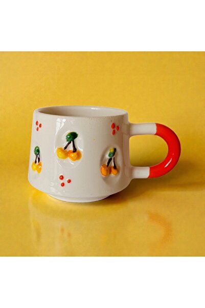 İlbay Çini Takı Yellow Cherry Embossed Mug in the Pit, Handcrafted Ceramic Em...