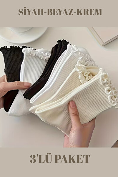 MODASFORM 3 Pairs Women's Ruffled Elasticless Stitch-Free Women's Socks Tennis College Socks (Black-White-Cream)