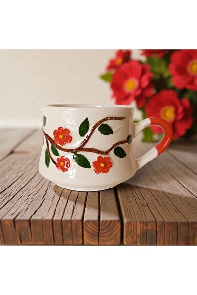 İlbay Çini Takı Beni Unutma Çiçeği Kırmızı, İki Boyutlu Kabartma Seramik Kupa...