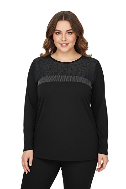 wearon tekstil Women's Black Crew Neck Stone Blouse Bgl-St05153