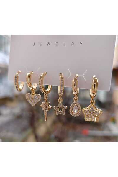 Tuel Zirkon Taşlı Gold Çelik Çoklu Küpe