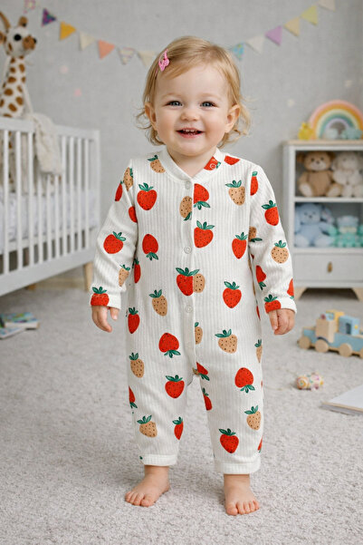 DaphKids Strawberry Patterned Snap-On Baby Romper - White