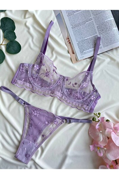 DİA SENSE Lila Çiçek Nakışlı Tül Balenli Sütyen Tanga Takımı & Bralet Sütyen ...