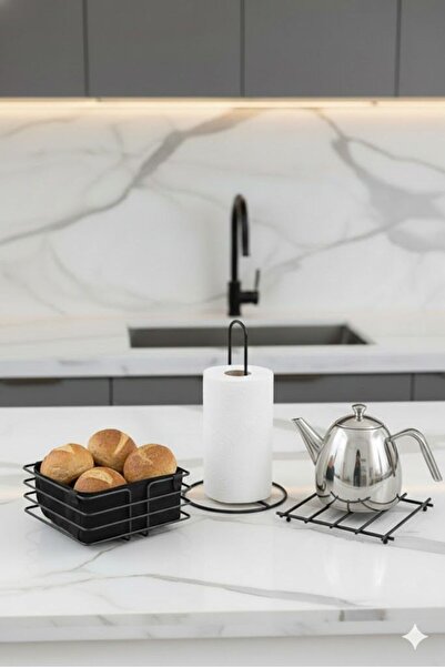 UG Home Black Bread Basket Vertical Napkin Holder Square Trivet 3-Piece Serving Presentation Set