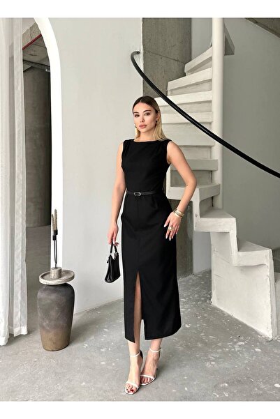 MAXXANA Belted Front Slit Dress