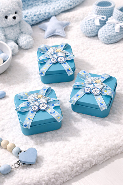 Tutku 3'Lü Bebek Kurdeleli Mini Metal Kutu (Mavi Kare Desen)