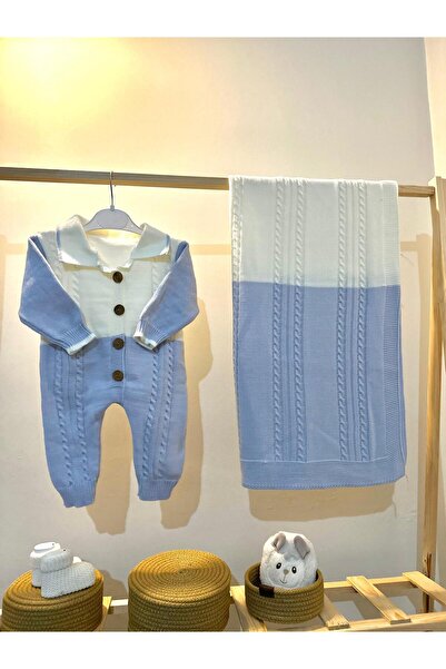 Yesda Bebe Erkek Bebek Triko Tulum ve Battaniye Seti | Saç Örgü Desenli, Düğm...
