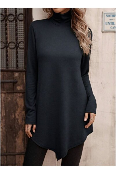 byasafkids Women's Long Sleeve Turtleneck Asymmetrical Cut Detailed Anthracit...