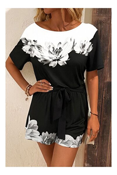 byasafkids Women's One Shoulder Floral Print Belted Waist Two Thread Mini Sho...