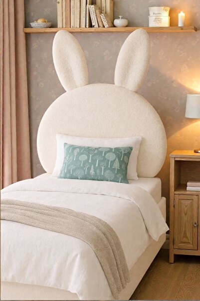 HCAtölye Ahşap Atölyesi Yatak Başlığı, Beyaz Peluş, Tek Kişilik Baza Başlığı, Tavşan Peluş yatak başlığı