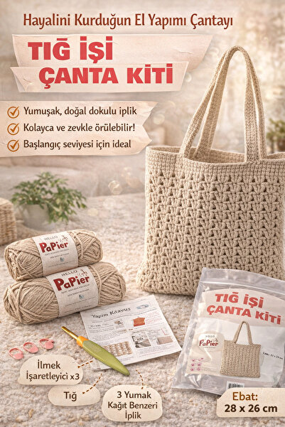 Tığ İşi Çanta Kiti – Kağıt Benzeri Soft Papier İplik, Başlangıç Seti, Çanta Yapım Kiti