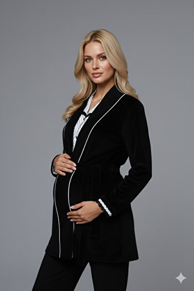 Lohussa Velvet Dressing Gown Black Front Buttoned Special Design Maternity Dressing Gown Pajama Set