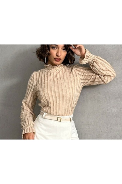 Lux Home Istanbul Women's Silvery Stripe Patterned Bearded Blouse