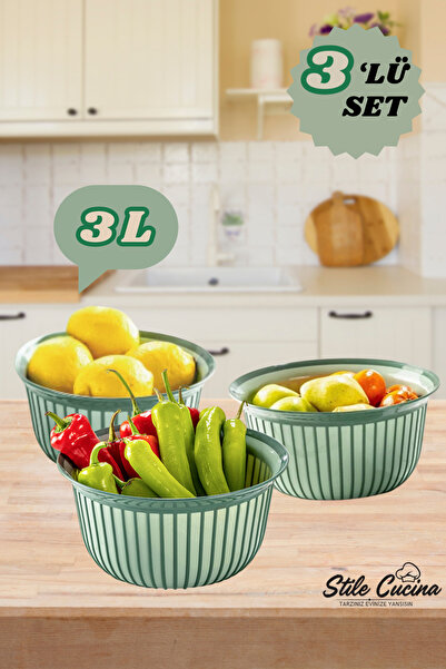 Stile Cucina 3lü Ekonomik Linea Yuvarlak Kase Seti Yeşil (3 X 3 Litre)