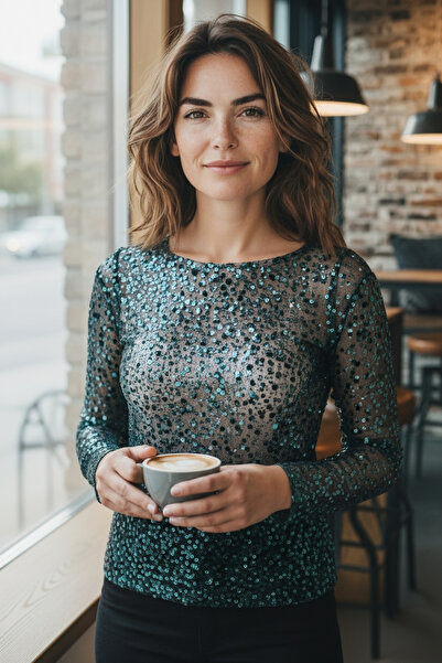 modayiğit Payet boncuk işlemeli kadın transparan bluz