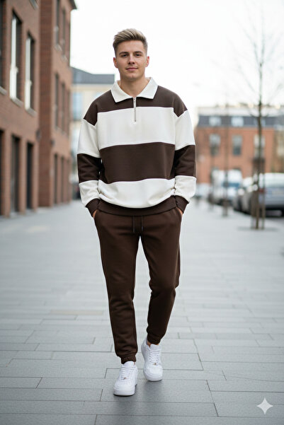 Modaikon Polo Collar Zippered Plain Black and White Tracksuit Set Bottom-Top ...