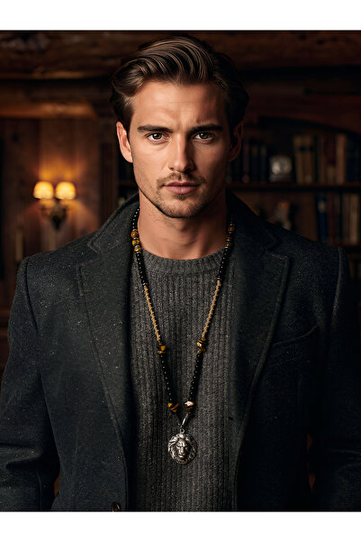 magıcgrange Kingdom Leon Tiger Eye Natural Stone Necklace |   Hand Knitted Pr...