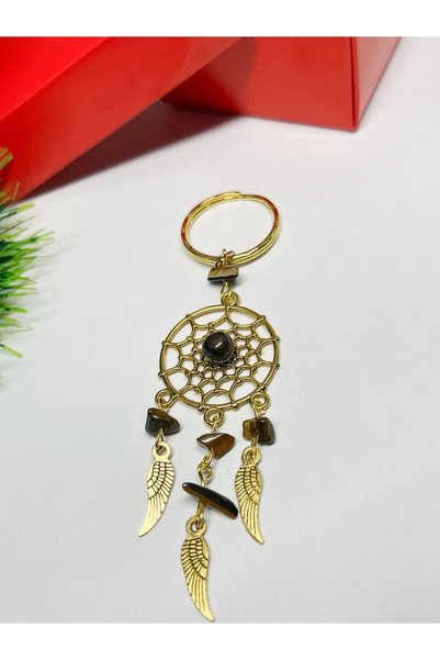 Agatella Tasarım Dream Catcher with Tiger's Eye Stone Natural Stone Keychain – Protection from Negative Energies – Bag & Wallet Ornament