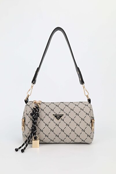 NOTHING Women's Mink Black Monogram Leather Lock Charm Detailed Hand Shoulder and Crossbody Bag Alice