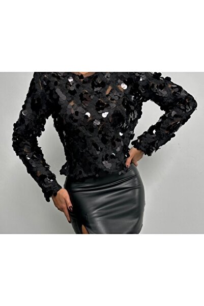 Lux Home Istanbul Pullu Payetli Yarı Transparan Bluz