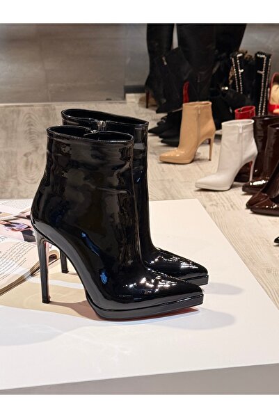New Stiletto Store Kadın Bootie siyah rugan 12 cm topuk 1 cm platform