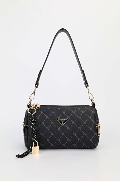 NOTHING Γυναικεία τσάντα ώμου και χιαστί με μαύρο μονόγραμμα δερμάτινη κλειδαριά με λεπτομέρεια Charm Alice