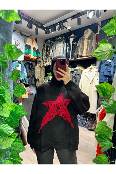 huhu Black Red Star Patterned Oversized Sweater Sweater