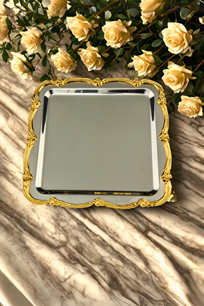 moontime alaçatı Gül Figürlü Paslanmaz Çelik Kahve Sunum Tepsisi, Gold Detayl...