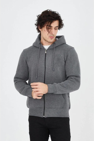 JANES Men's Hooded Plain Zippered Cardigan - Smoke