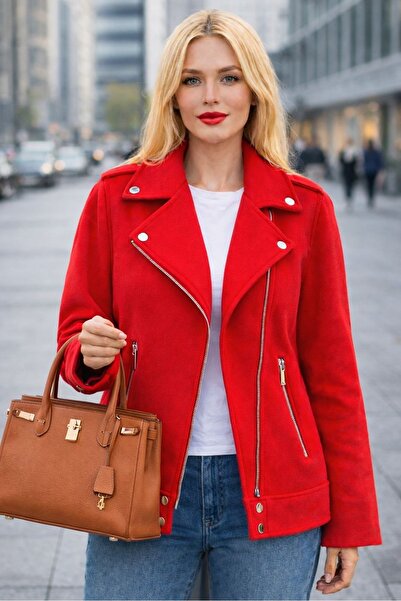 Bluewhs Women's Premium Oversized Red Cashmere Coat Zippered Premium Jacket