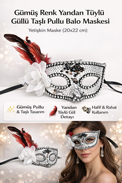 Tamsena Store Gümüş Renk Yandan Tüylü Güllü Taşlı Pullu Balo Maskesi – Yetişk...