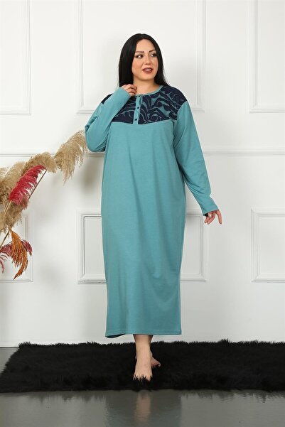 modaserdem Akbeniz Big Long Sleeve Lace Petrol Mother Nightgown 1355