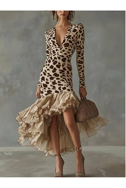 Sisa Butik İthal Dalgıç Kumaş Etegi Dantel Güpür Digital Baskı Elbise