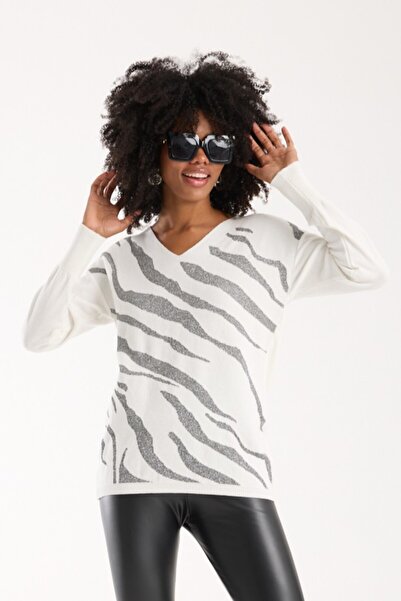 Moda Days Women's White Glitter Patterned Wide Cuff V-Neck Knitwear Blouse