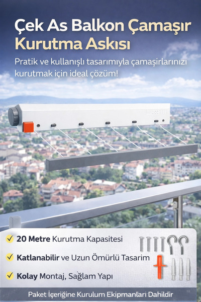 Eco Lounge 5 İpli Çamaşırlık, Çek As, Ger As, 20 Metre Uzunluk, Kolay Kurulum...