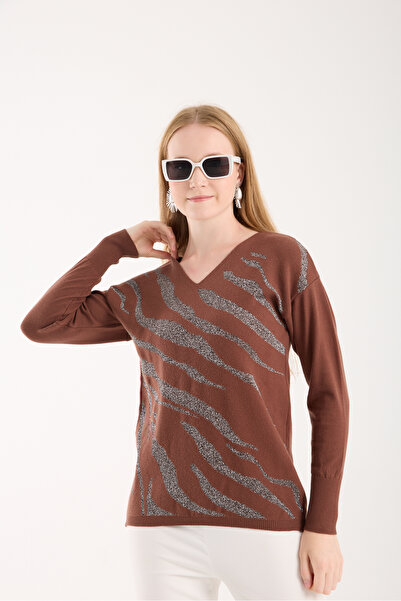 Moda Days Women's Brown Glitter Patterned Wide Cuff V-Neck Knitwear Blouse