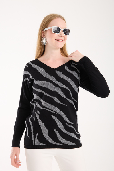 Moda Days Sim Patterned Wide Cuffed Crew Neck Knit Blouse