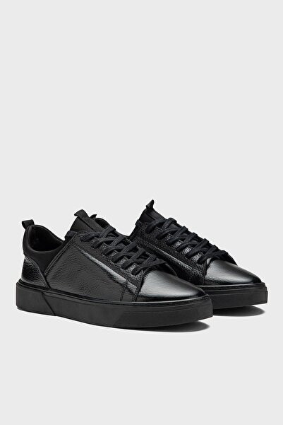VARNAS Erkek Siyah Hakiki Deri Streç Ağızlı Bağcıklı Günlük Sneaker- Milano
