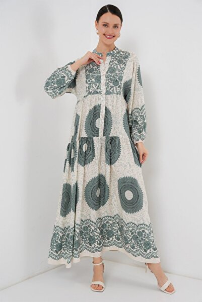 Giyimodam 2423 Authentic Patterned Hijab Dress - C. Çağla