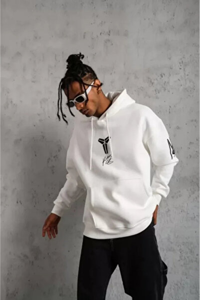 Modayakamoz Unisex Back Printed Hooded Three Thread Oversize Sweatshirt - White