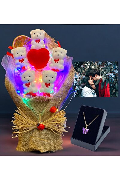 hediye arıları Yılbaşı Hediyesi Kahve Ayıcık Buketi ve Renkli Led Işıklı Kard...