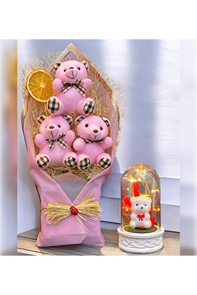 MEGA KANYON Yılbaşı Hediyesi Pembe Ayıcık Buketi ve Renkli Led Işıklı Kardan ...