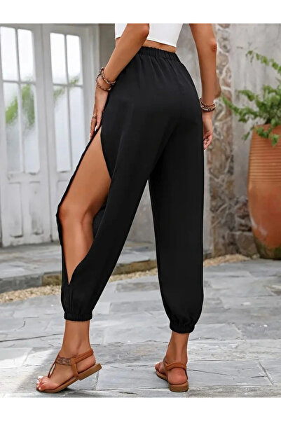 nedo7 Women's High Waisted Side Cross Detail Slit Viscose Trousers