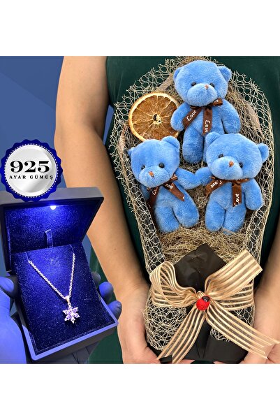 hediye arıları Işıklı Kutusunda 925 Ayar Gümüş Lotus Kolye ve Büyük Boy Peluş...