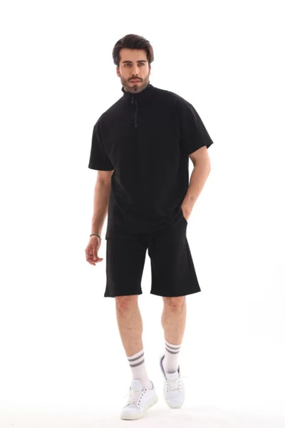 Femella Women Fashion Unisex Collared Zippered Oversize T-Shirt Shorts Set - Black