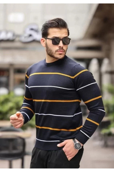 JANES Unisex Thin Striped Crew Neck Knitwear Sweater - Black